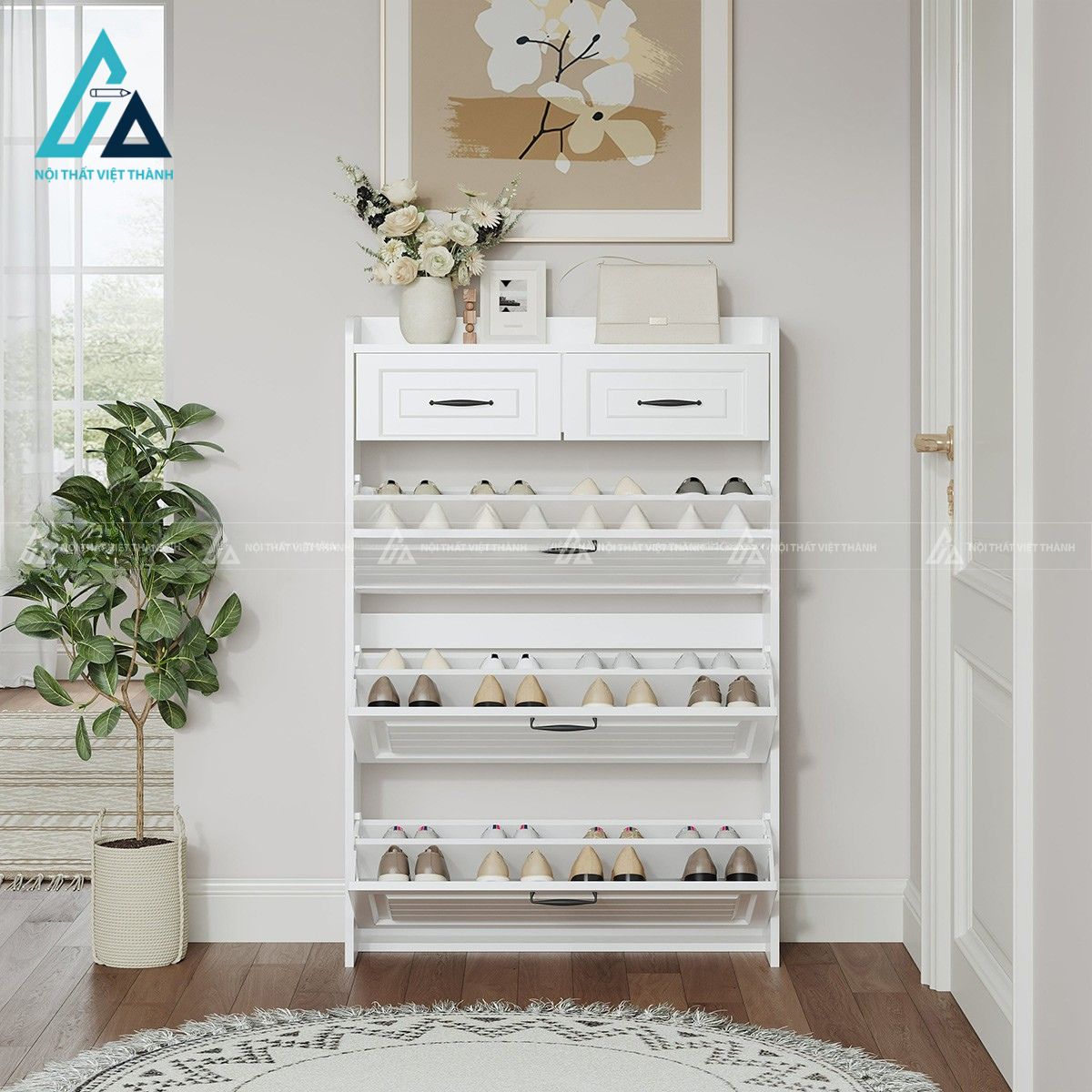 Tủ giày MDF 3 cánh lật màu trắng hiện đại 1