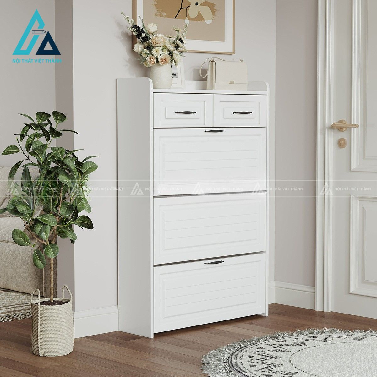 Tủ giày MDF 3 cánh lật màu trắng hiện đại 2