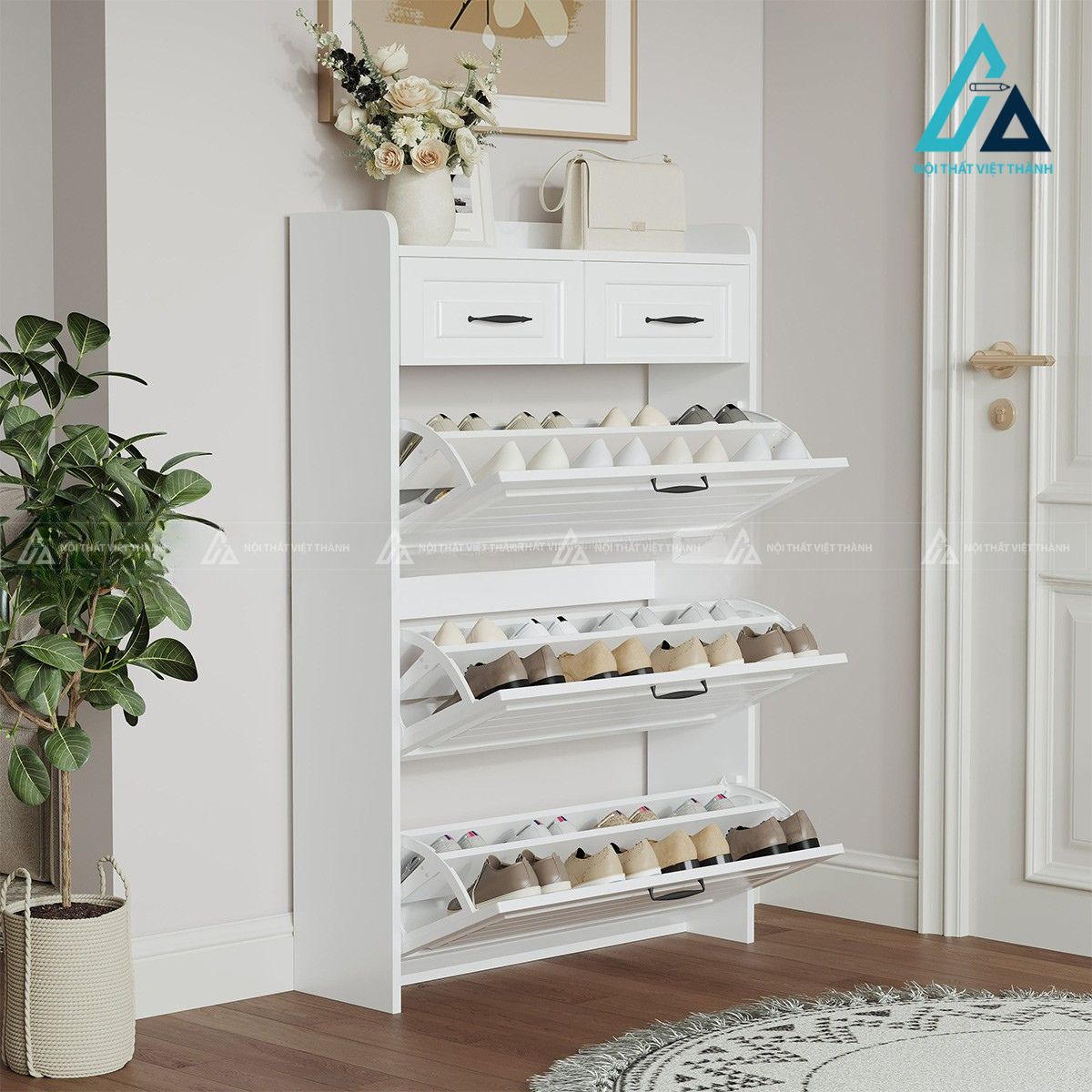 Tủ giày MDF 3 cánh lật màu trắng hiện đại 3