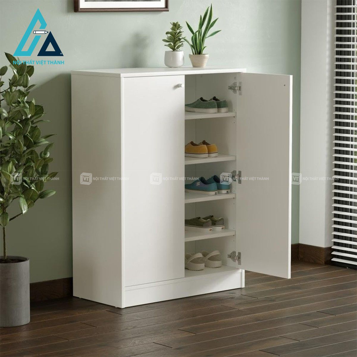 Tủ giày dép gỗ MDF 2 cánh màu trắng hiện đại cho lối vào