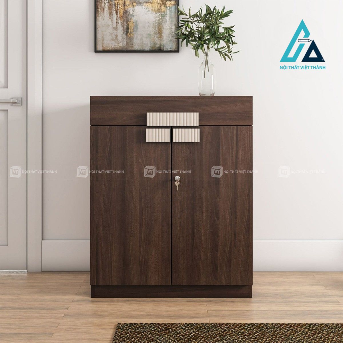 Tủ giày gỗ MDF 4 tầng màu óc chó hiện đại kèm ngăn kéo tiện dụng