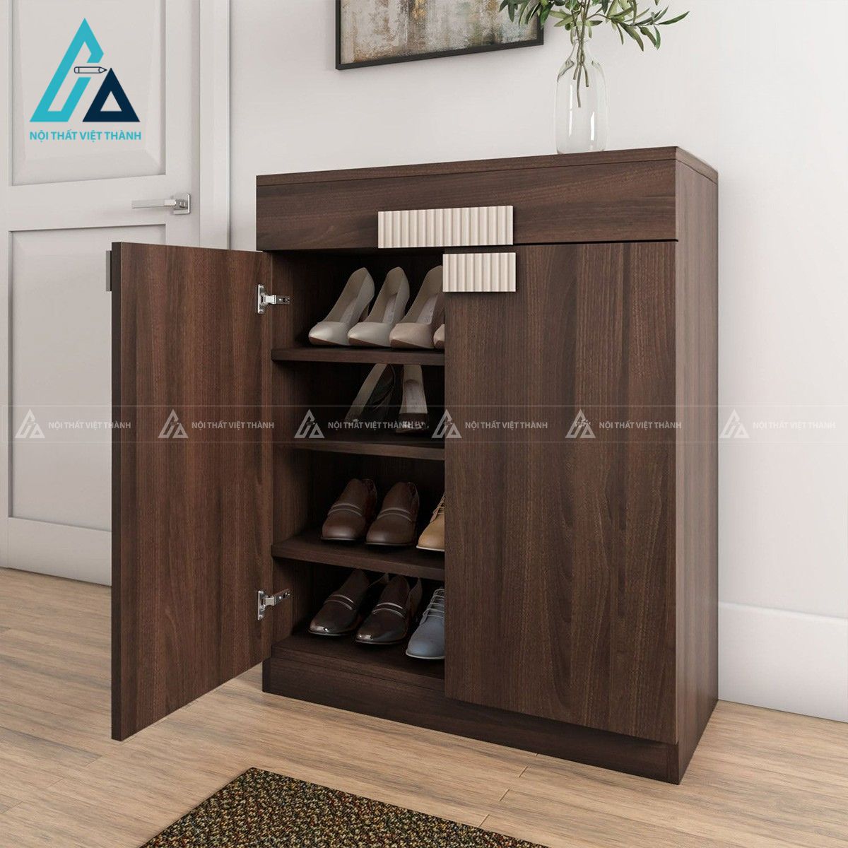 Tủ giày gỗ MDF 4 tầng màu óc chó hiện đại kèm ngăn kéo tiện dụng 1