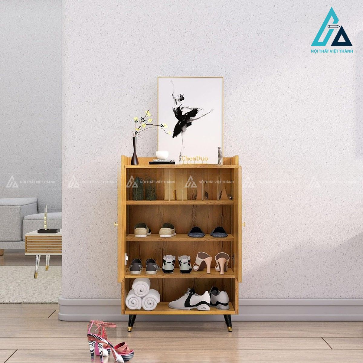 Tủ giày gỗ MDF vân gỗ chân kim loại hiện đại cho phòng khách 1