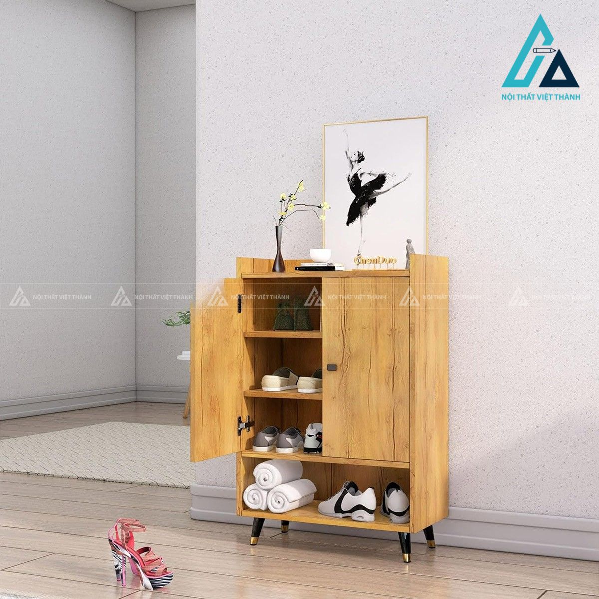 Tủ giày gỗ MDF vân gỗ chân kim loại hiện đại cho phòng khách 2