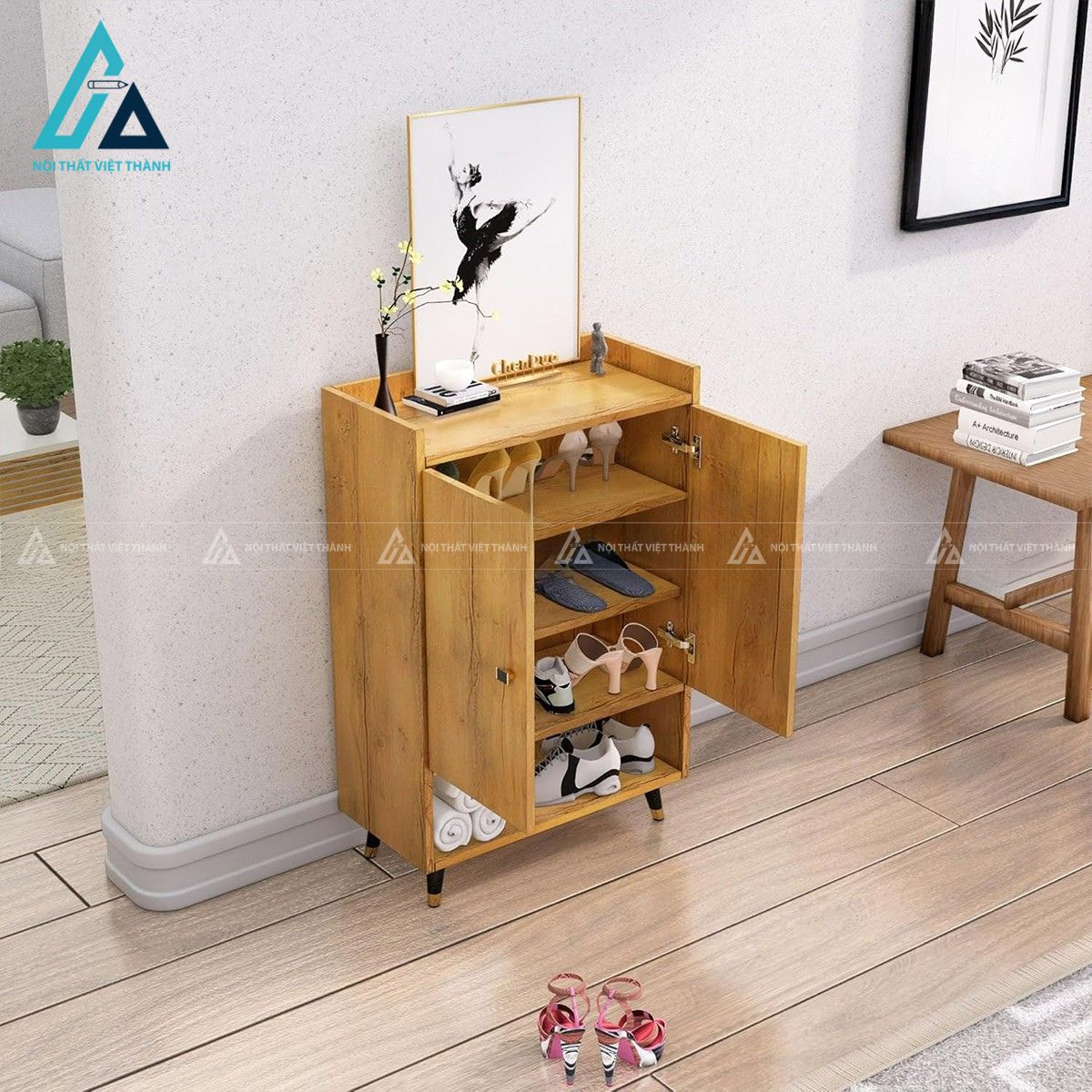 Tủ giày gỗ MDF vân gỗ chân kim loại hiện đại cho phòng khách 3