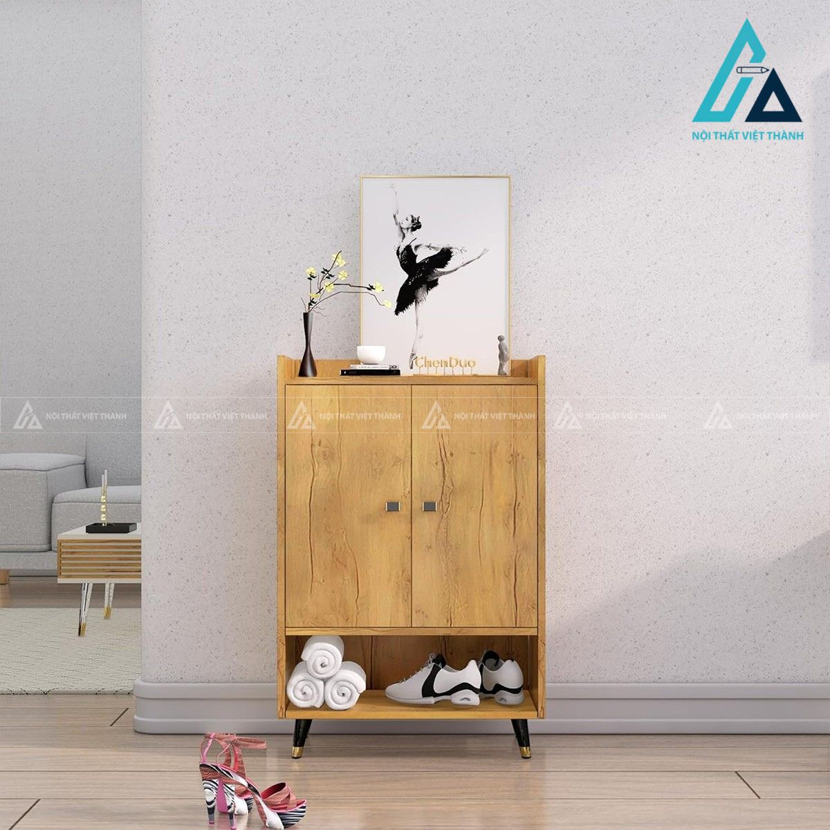 Tủ giày gỗ MDF vân gỗ chân kim loại hiện đại cho phòng khách 4