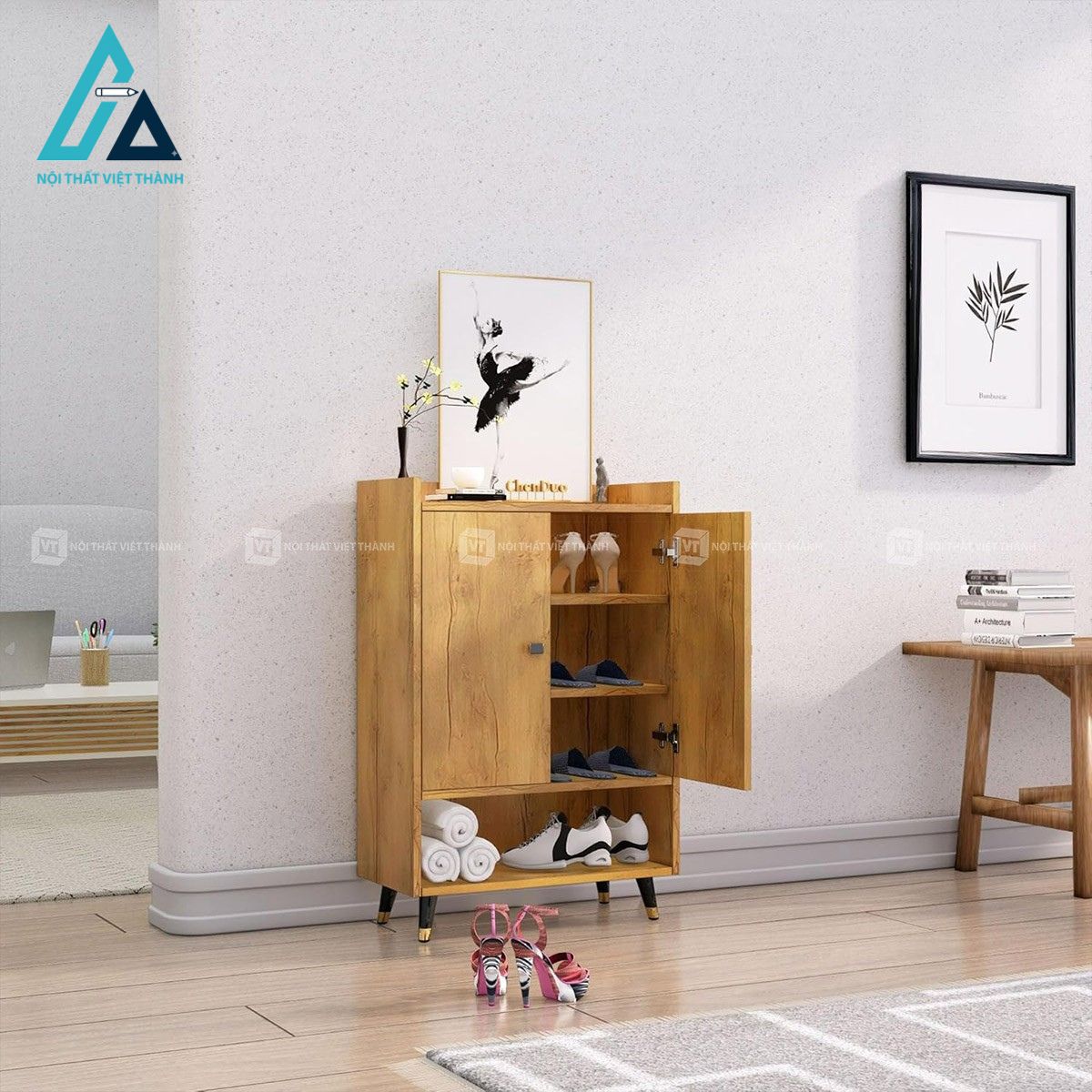 Tủ giày gỗ MDF vân gỗ chân kim loại hiện đại cho phòng khách