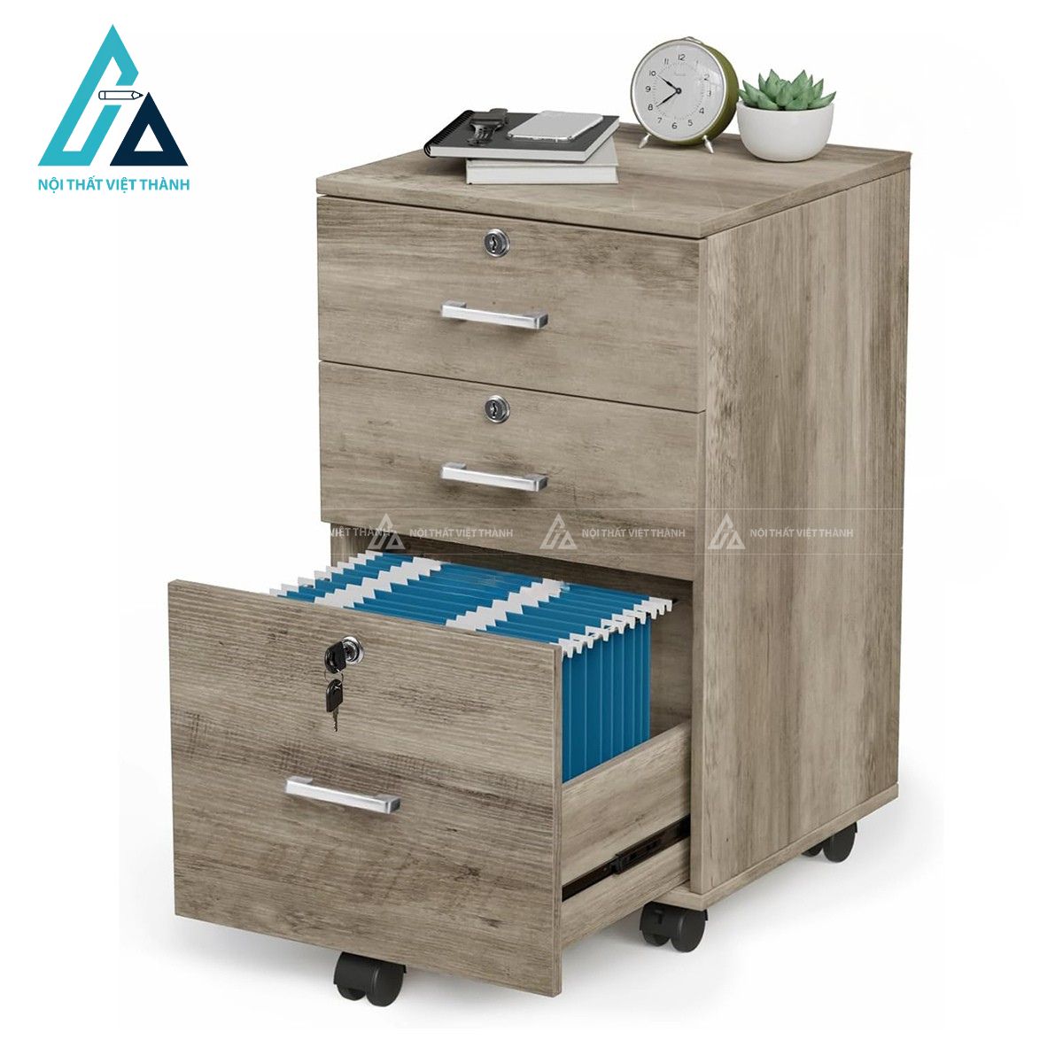 Tủ hồ sơ di động 3 ngăn kéo gỗ công nghiệp có khóa tiện lợi 2