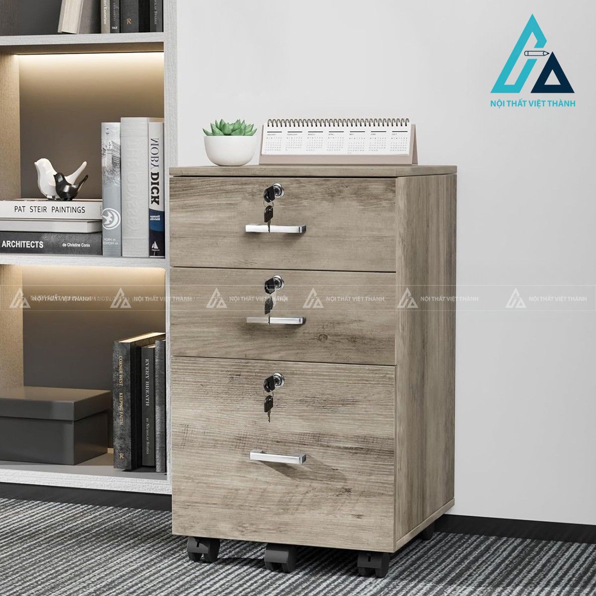 Tủ hồ sơ di động 3 ngăn kéo gỗ công nghiệp có khóa tiện lợi 3