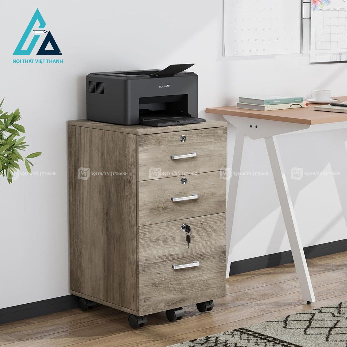 Tủ hồ sơ di động 3 ngăn kéo gỗ công nghiệp có khóa tiện lợi