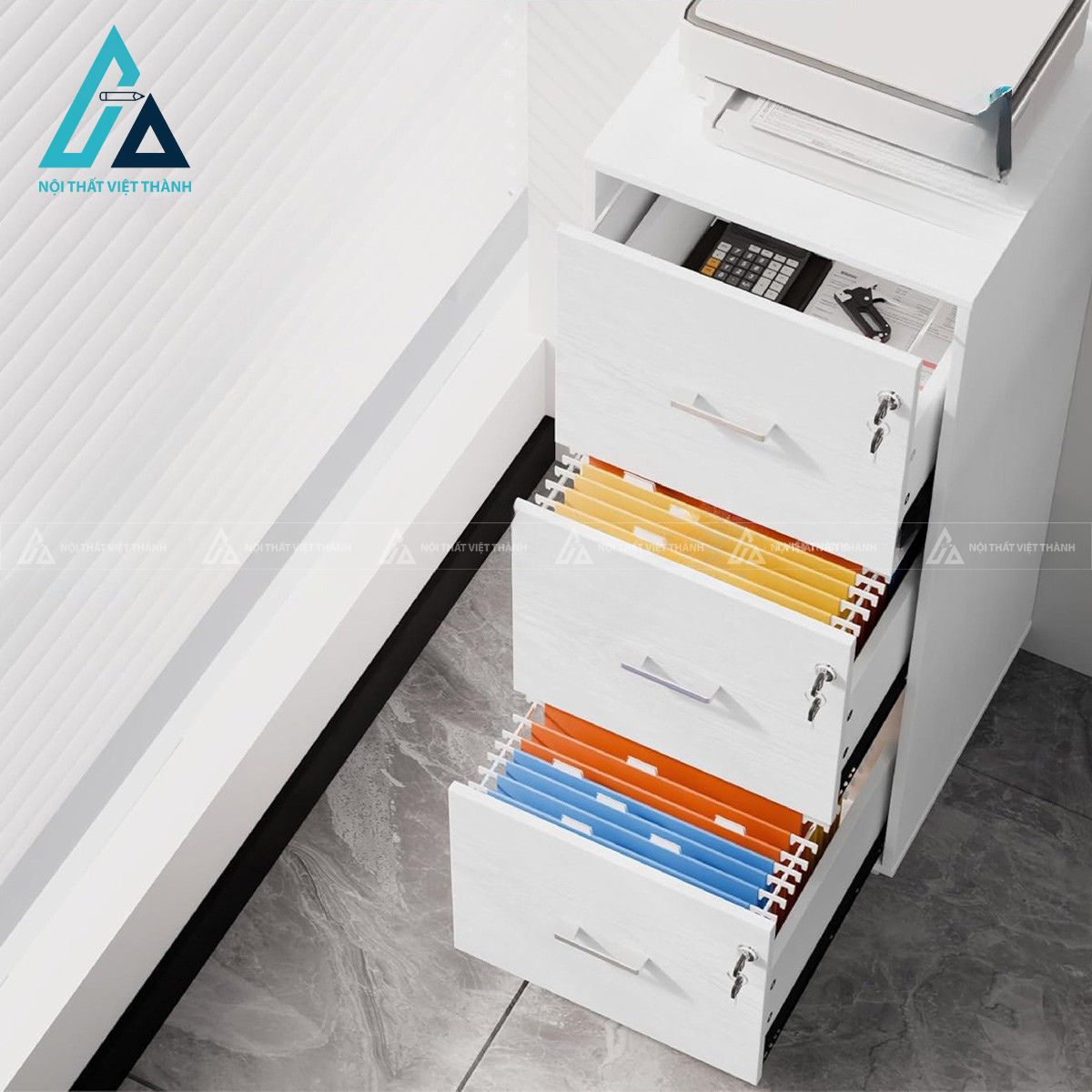 Tủ hồ sơ gỗ công nghiệp 3 ngăn kéo có khóa màu trắng hiện đại 1
