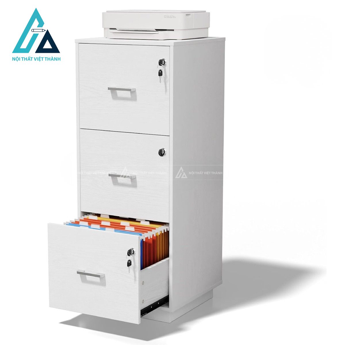 Tủ hồ sơ gỗ công nghiệp 3 ngăn kéo có khóa màu trắng hiện đại 2