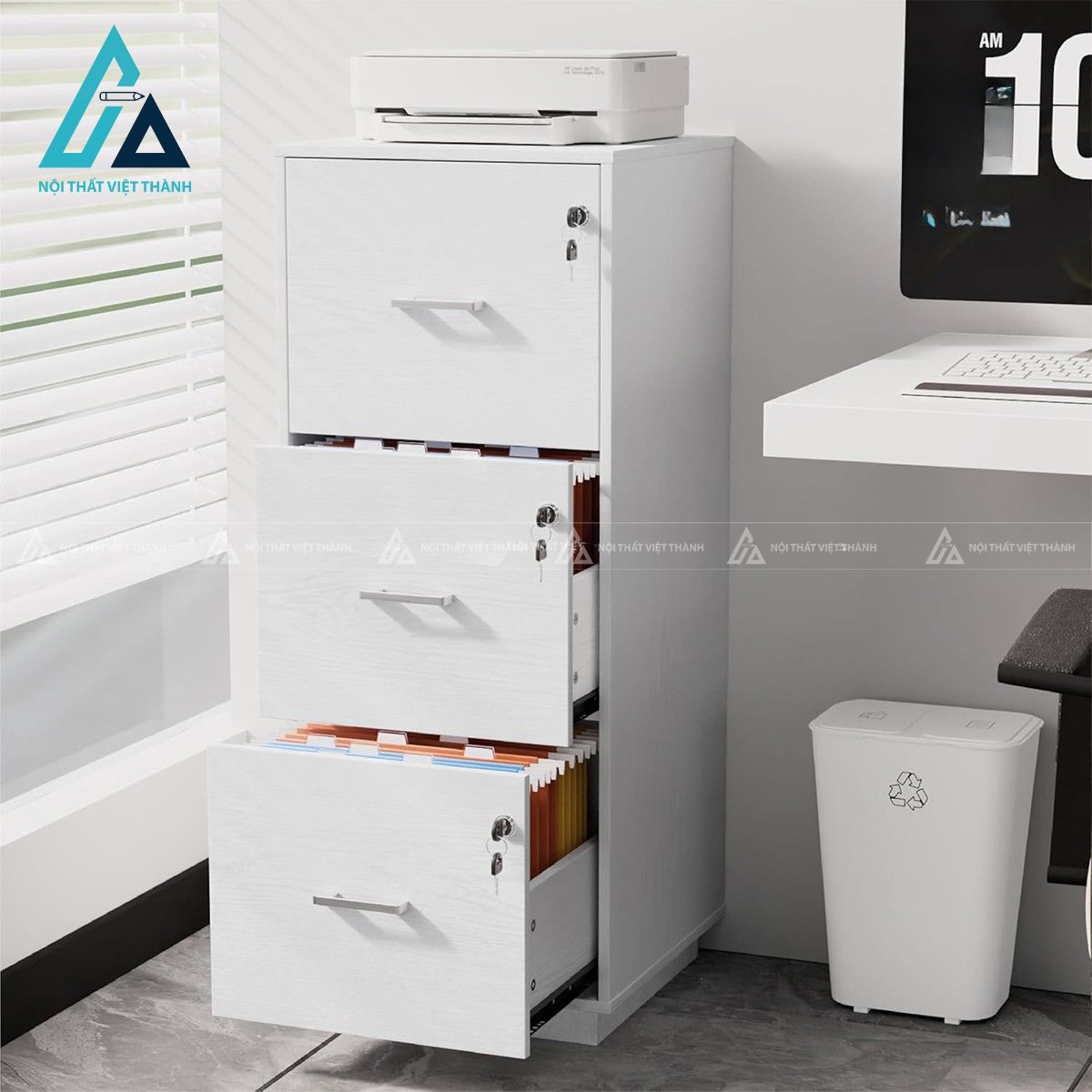Tủ hồ sơ gỗ công nghiệp 3 ngăn kéo có khóa màu trắng hiện đại 3