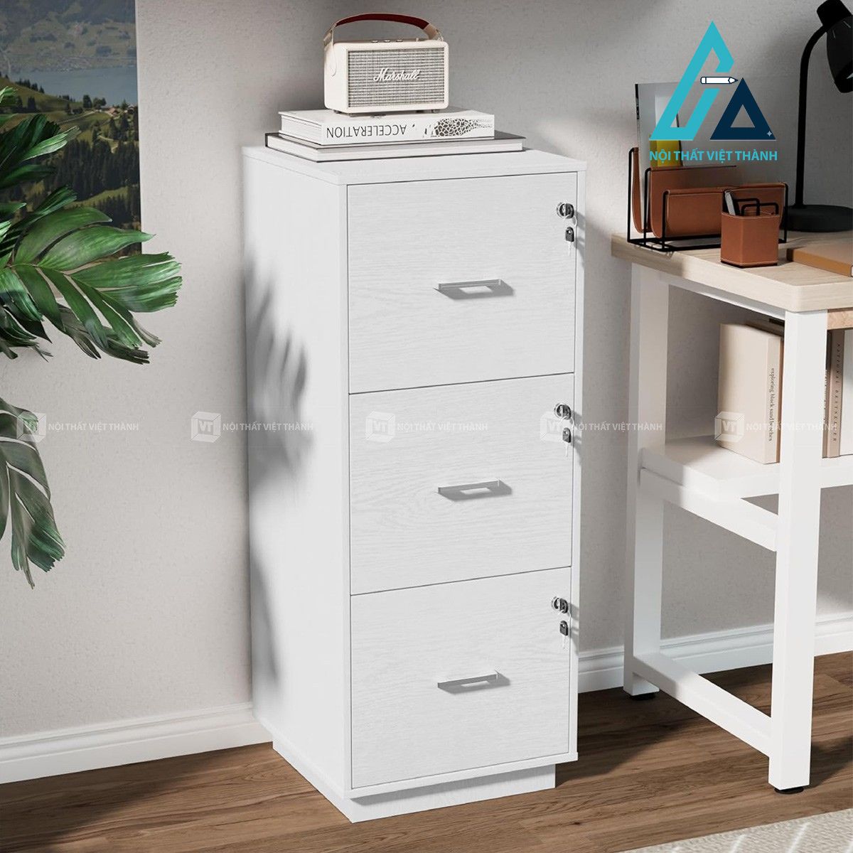 Tủ hồ sơ gỗ công nghiệp 3 ngăn kéo có khóa màu trắng hiện đại