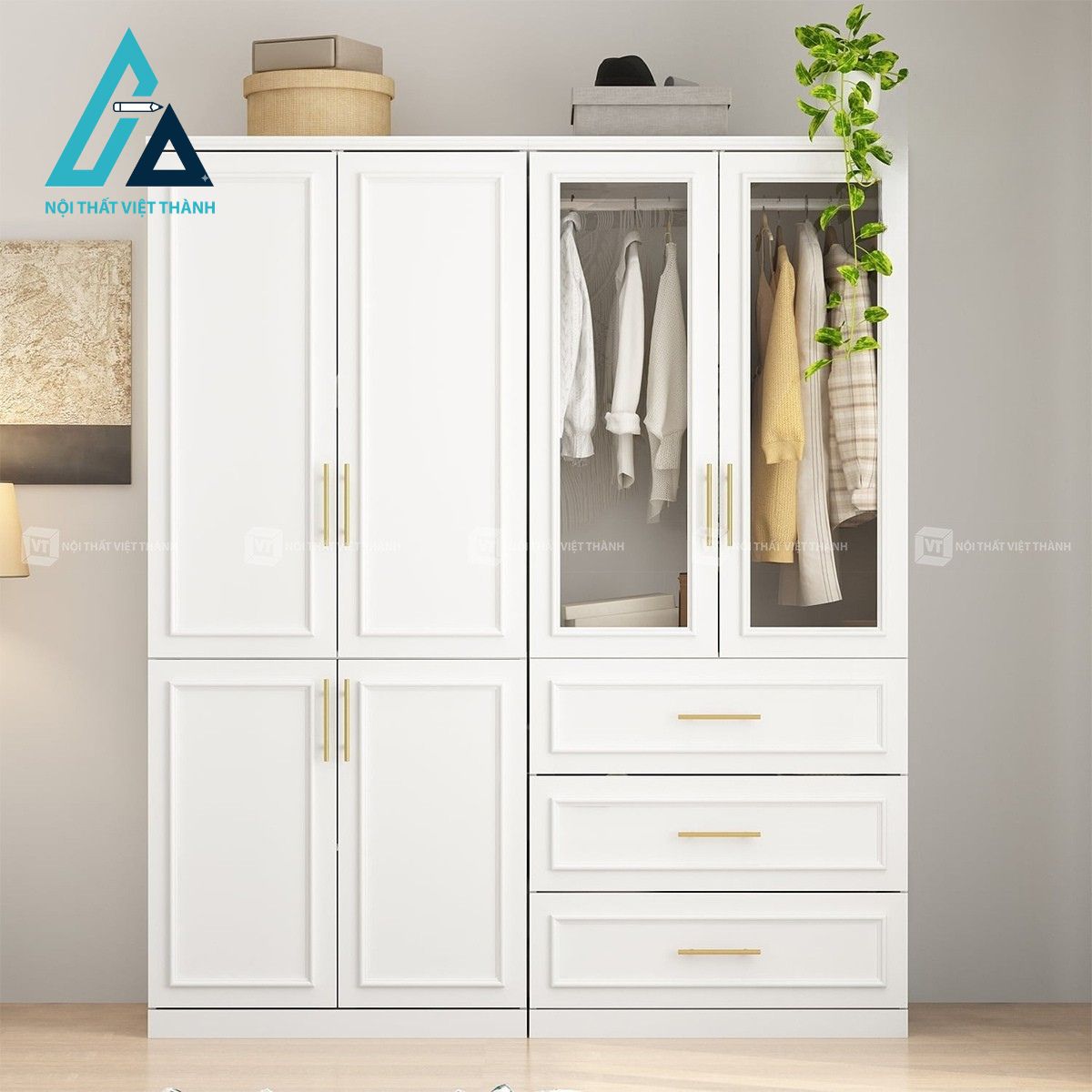 Tủ quần áo 4 cánh MDF cánh kính sang trọng cho phòng ngủ hiện đại