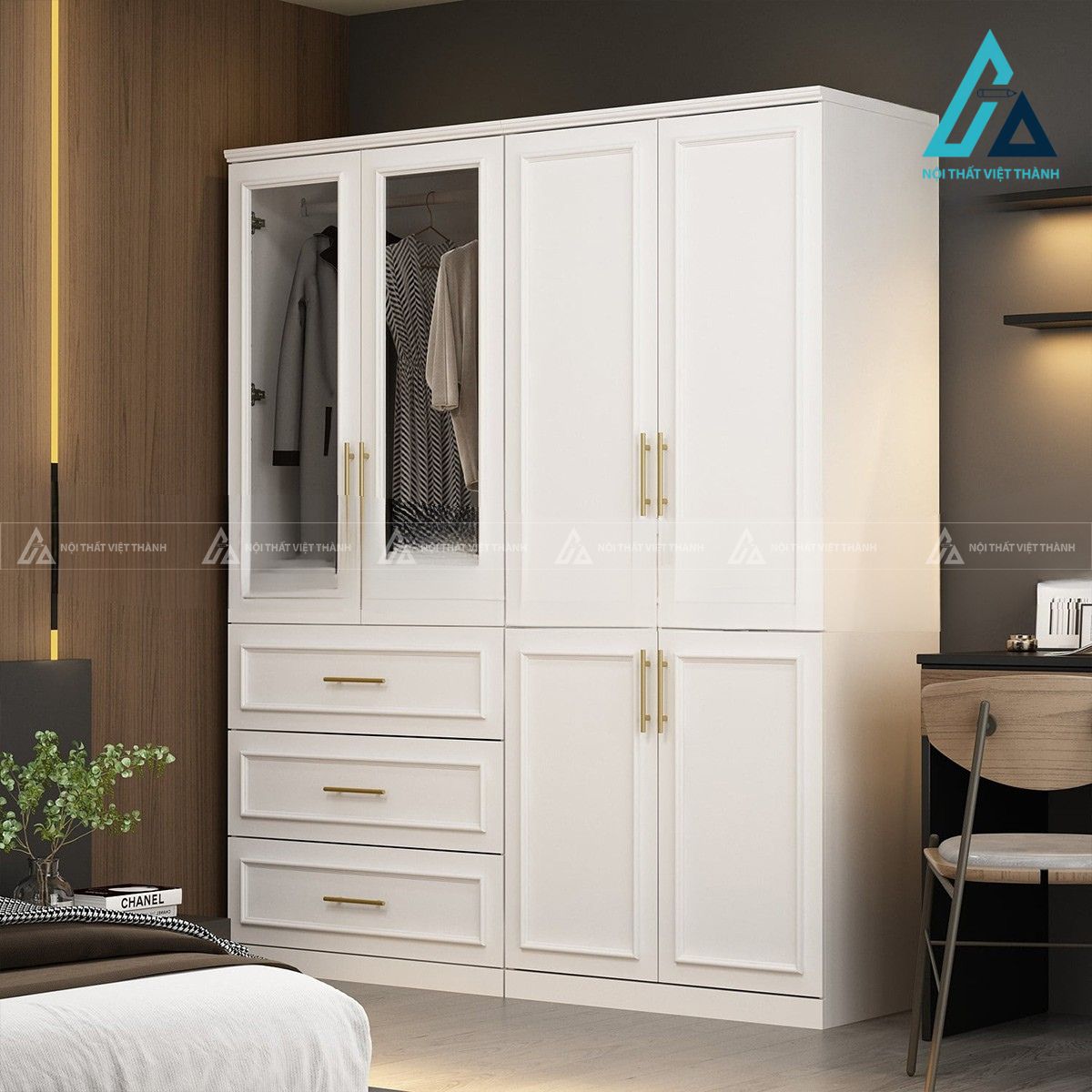 Tủ quần áo 4 cánh MDF cánh kính sang trọng cho phòng ngủ hiện đại 2