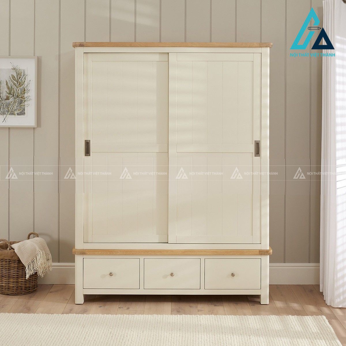 Tủ quần áo cửa lùa MDF màu kem hiện đại cho phòng ngủ 1