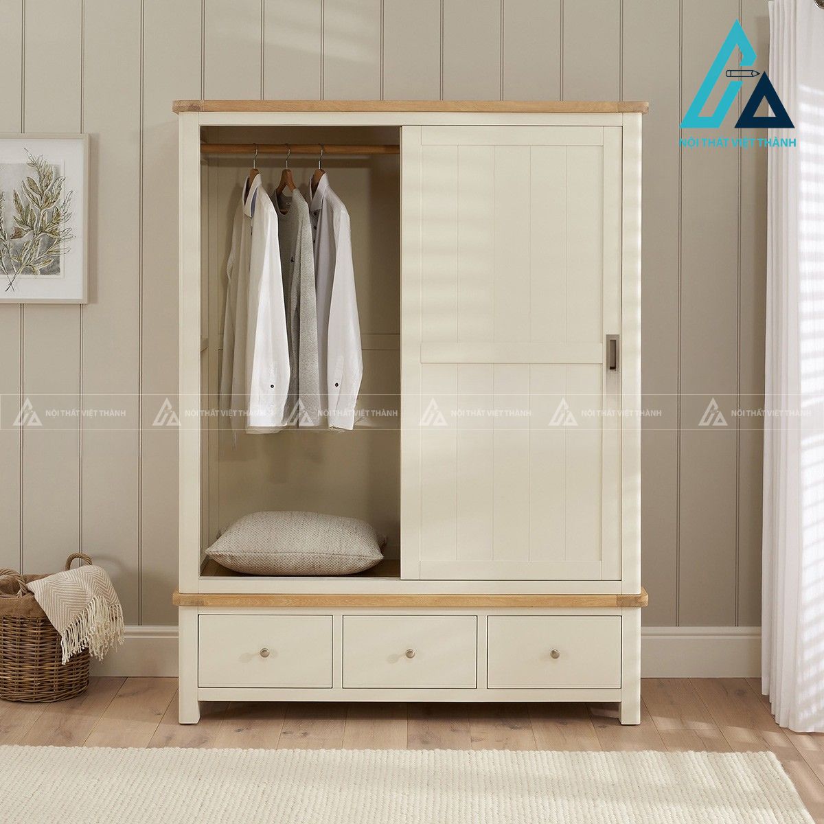 Tủ quần áo cửa lùa MDF màu kem hiện đại cho phòng ngủ 2