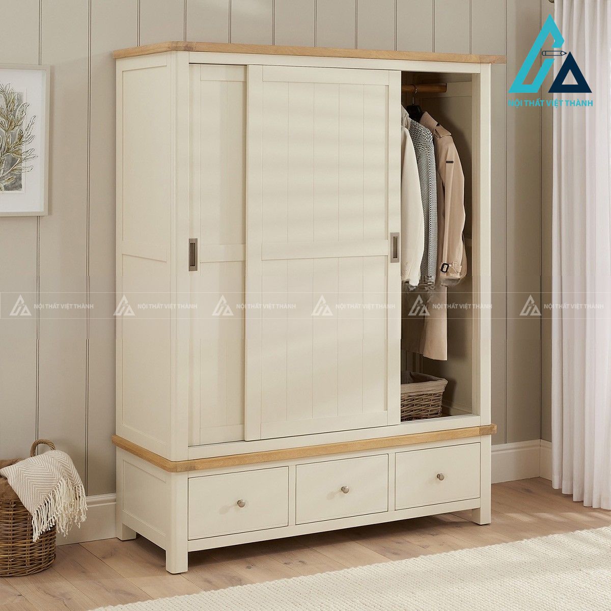 Tủ quần áo cửa lùa MDF màu kem hiện đại cho phòng ngủ 3