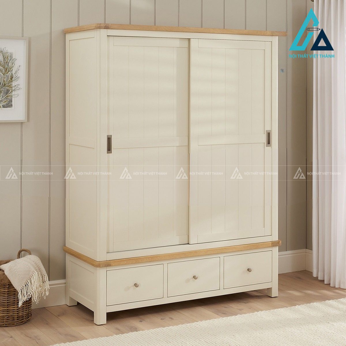 Tủ quần áo cửa lùa MDF màu kem hiện đại cho phòng ngủ 4