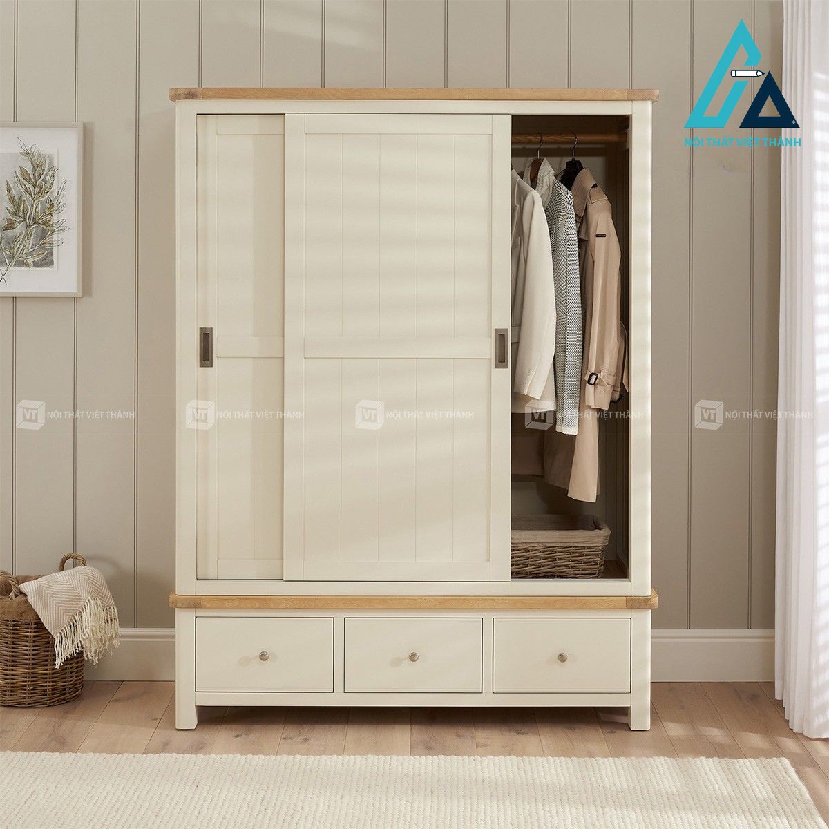 Tủ quần áo cửa lùa MDF màu kem hiện đại cho phòng ngủ