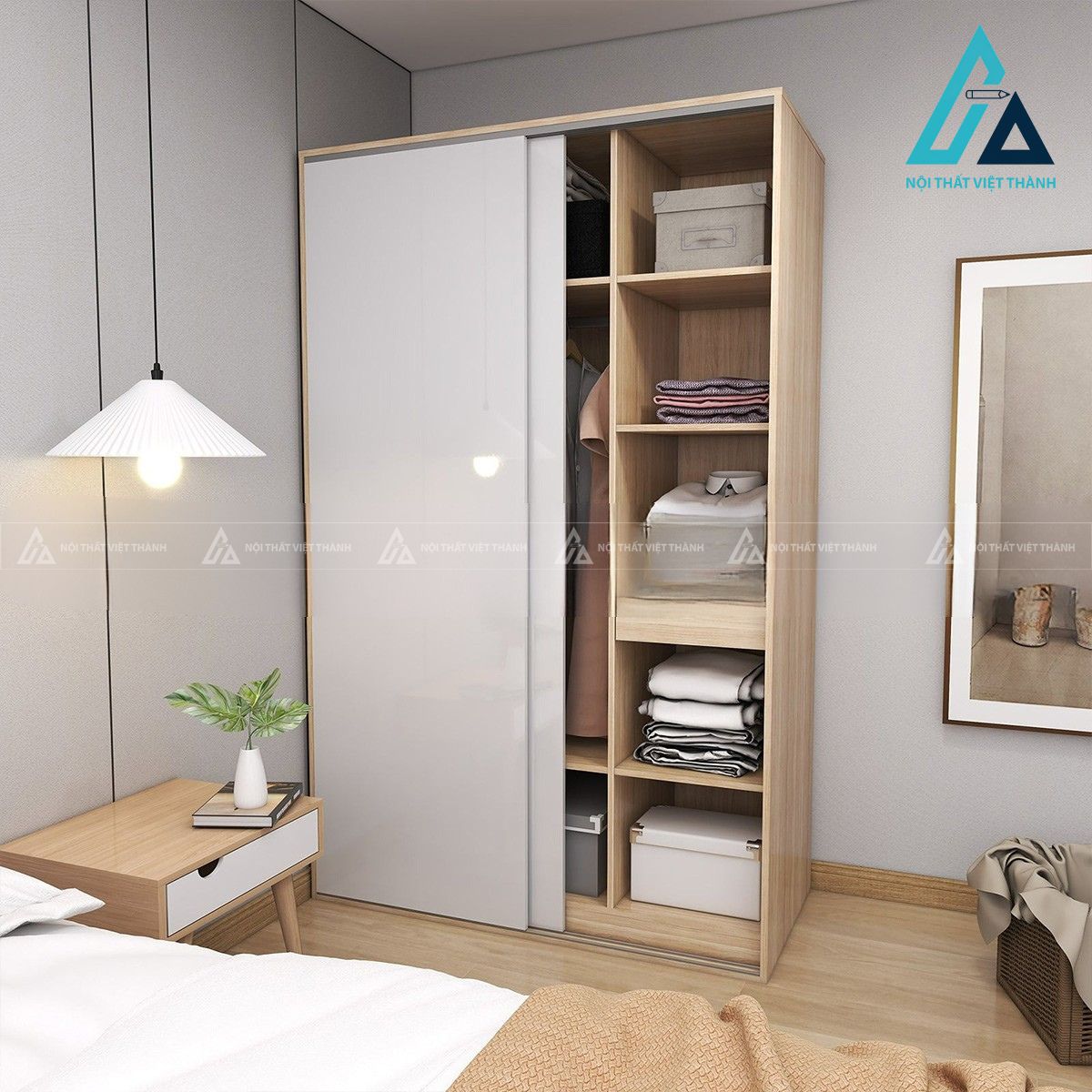 Tủ quần áo cửa lùa MDF màu trắng vân sồi hiện đại 1