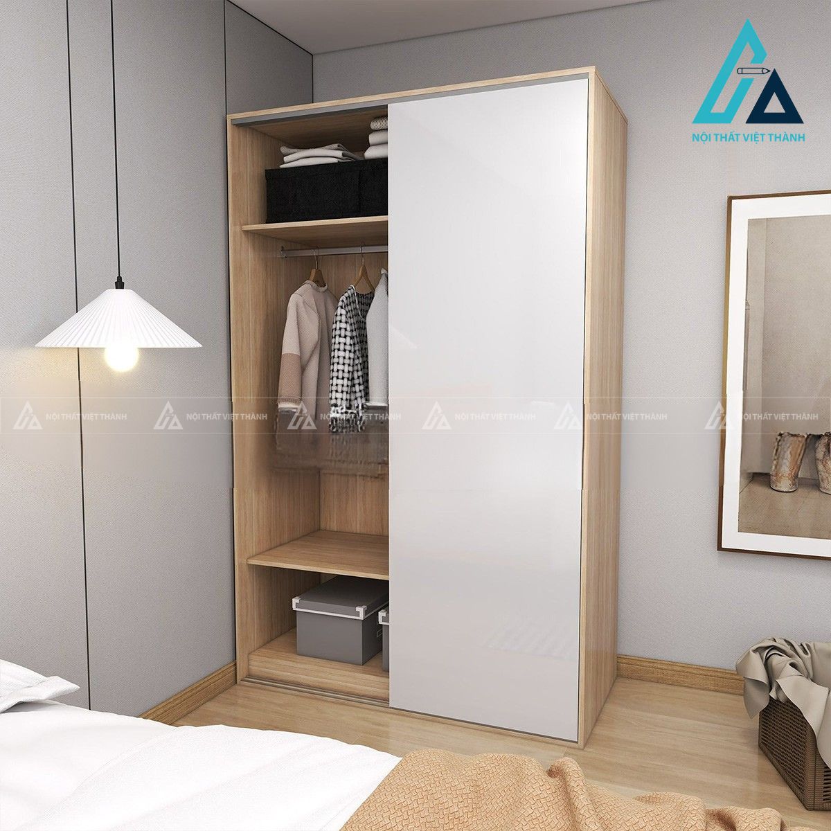 Tủ quần áo cửa lùa MDF màu trắng vân sồi hiện đại 3