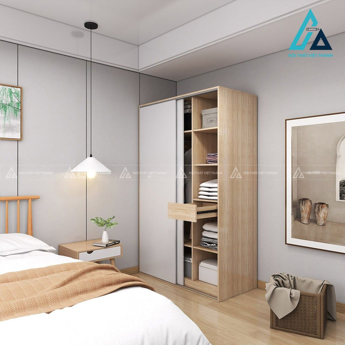 Tủ quần áo cửa lùa MDF màu trắng vân sồi hiện đại 4