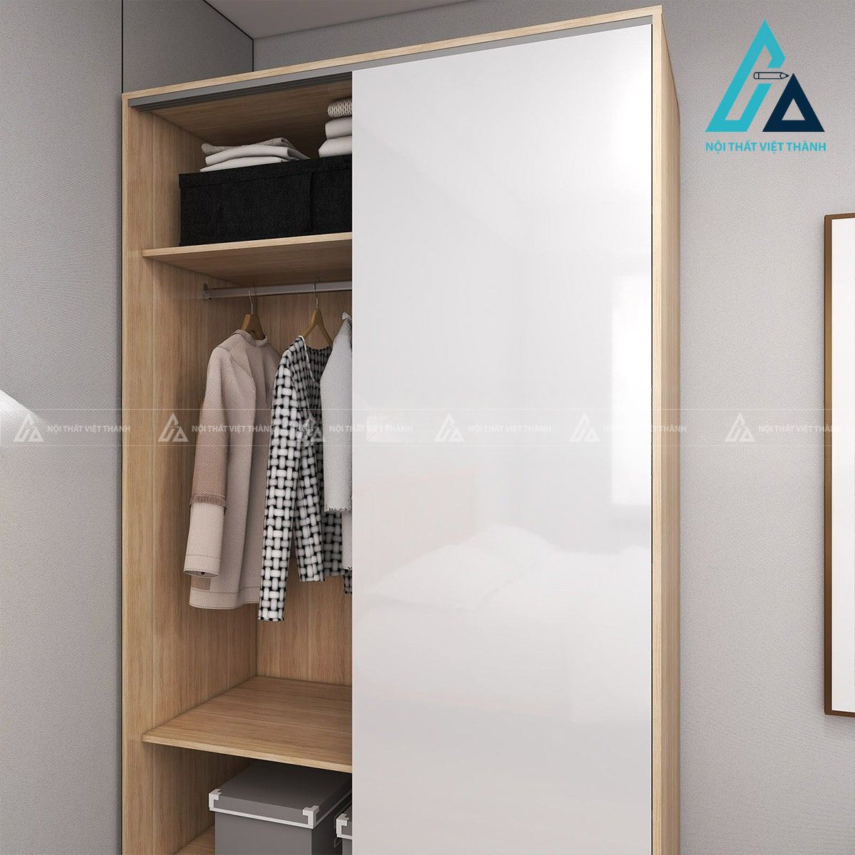 Tủ quần áo cửa lùa MDF màu trắng vân sồi hiện đại 5