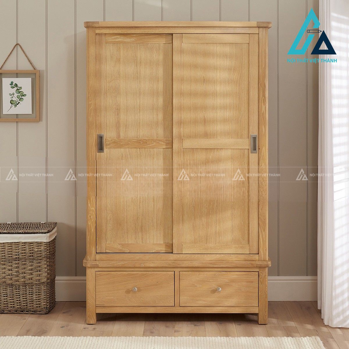 Tủ quần áo cửa lùa MDF vân gỗ sồi hiện đại 2 cánh 1