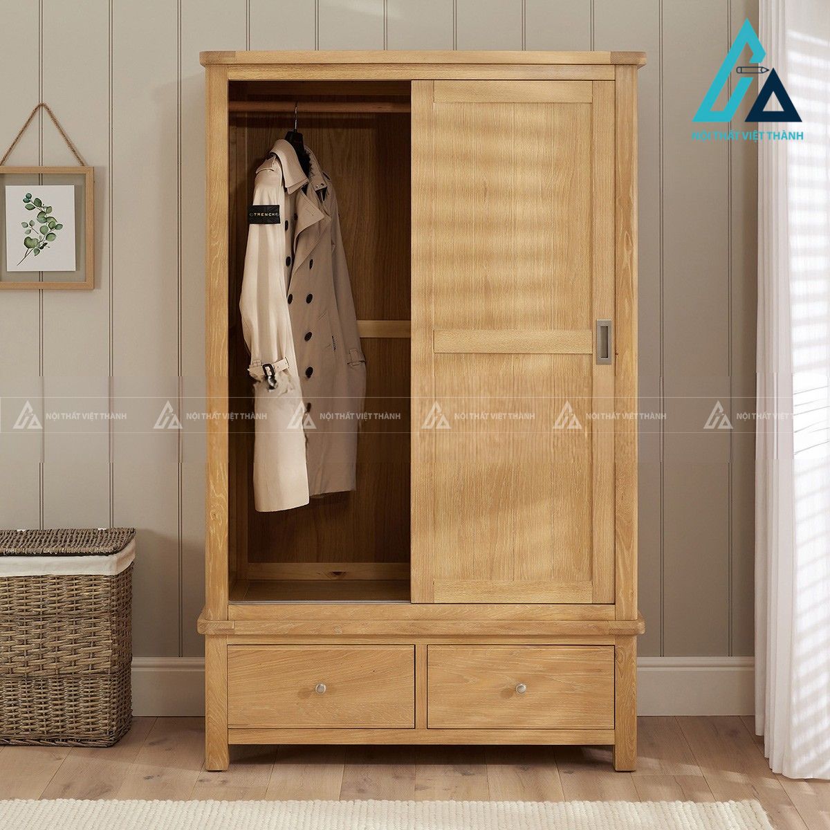 Tủ quần áo cửa lùa MDF vân gỗ sồi hiện đại 2 cánh 2