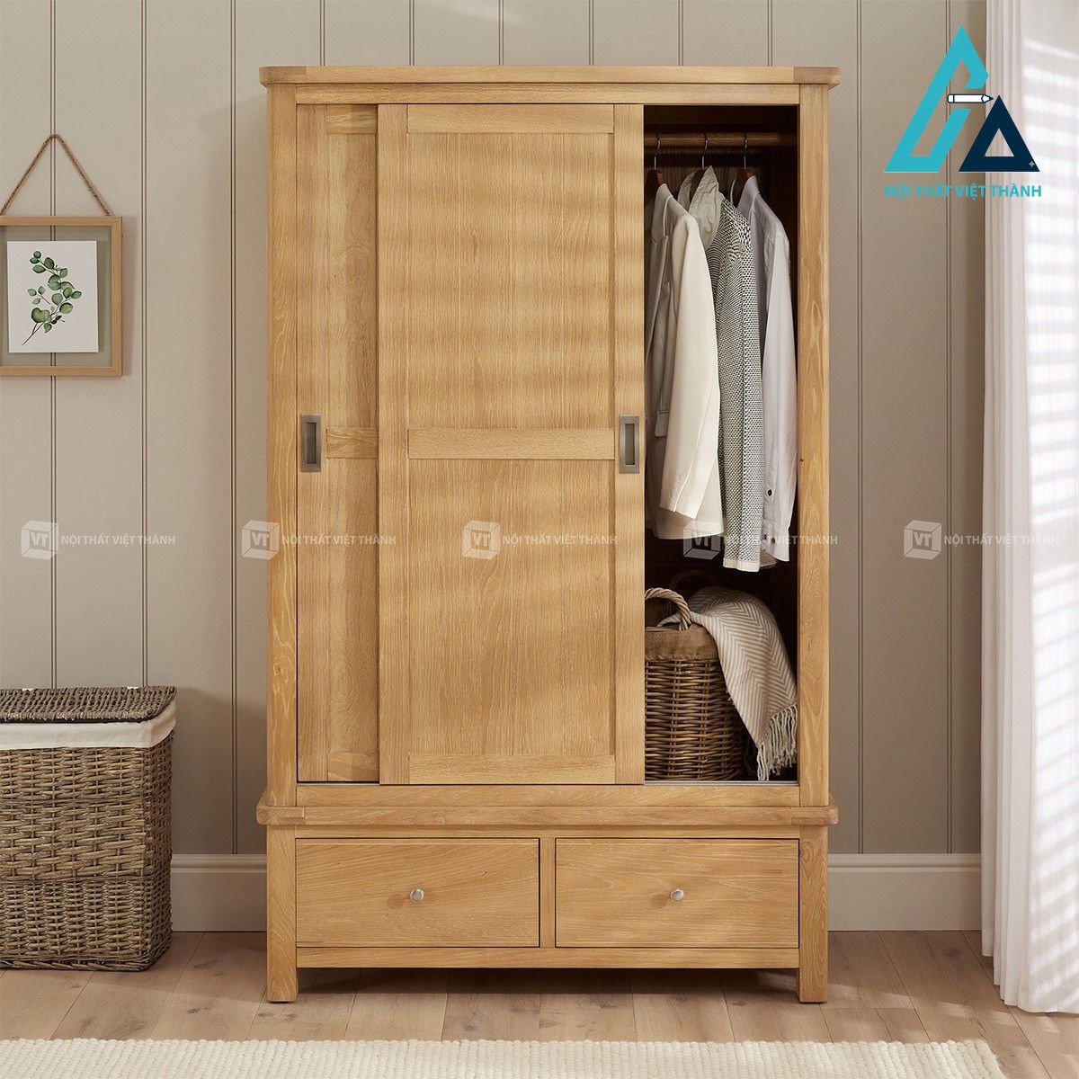 Tủ quần áo cửa lùa MDF vân gỗ sồi hiện đại 2 cánh