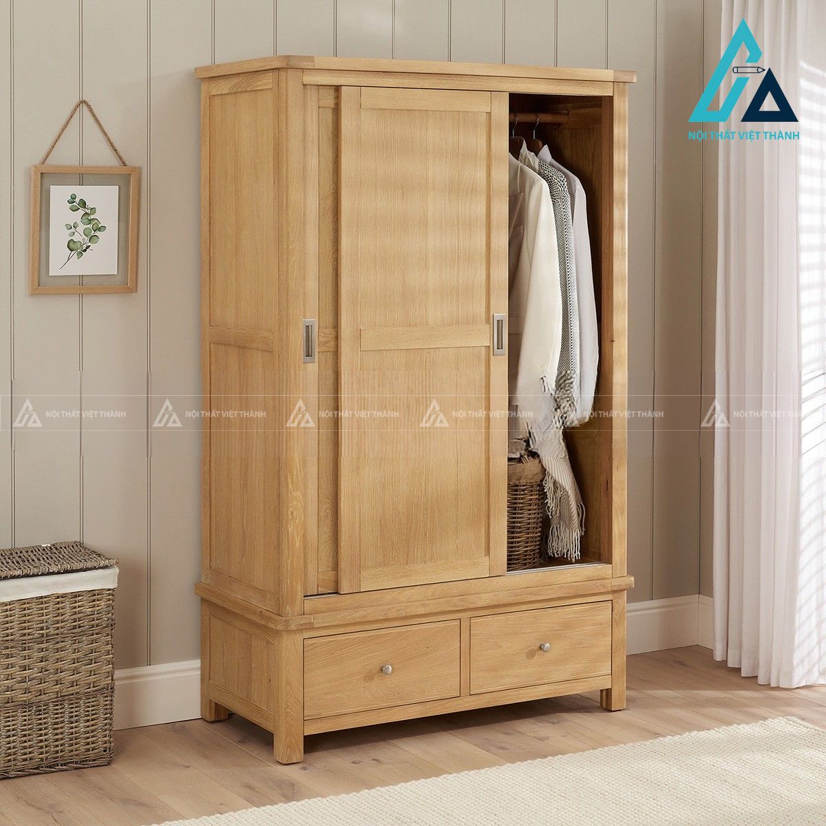 Tủ quần áo cửa lùa MDF vân gỗ sồi hiện đại 2 cánh 3