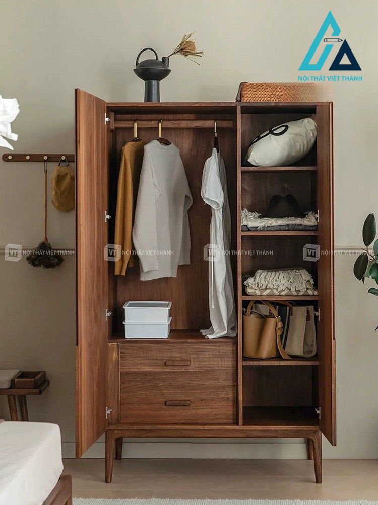 Tủ quần áo gỗ tự nhiên 2 cánh màu óc chó sang trọng 1
