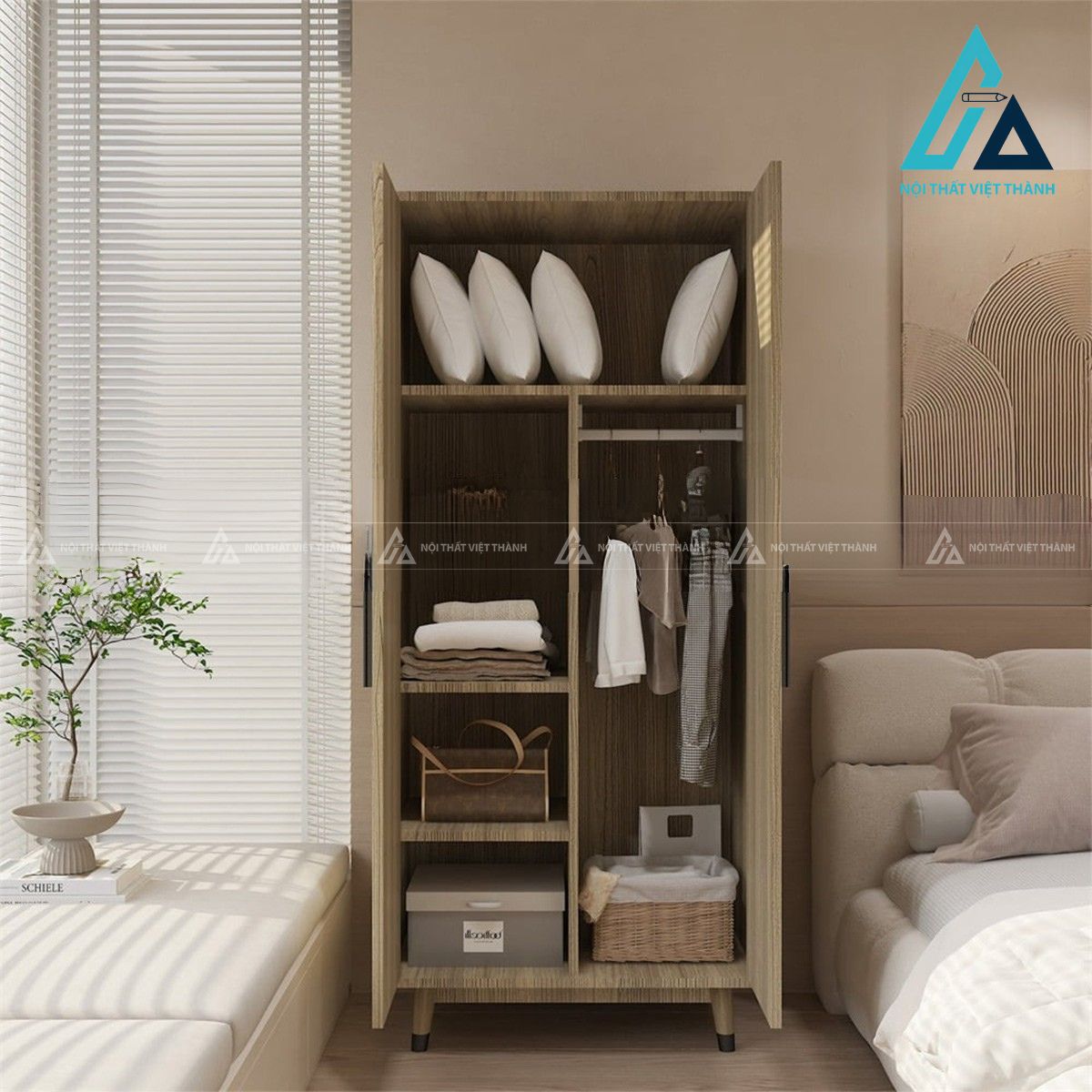 Tủ quần áo MDF 2 cánh vân gỗ tự nhiên thiết kế cao gọn hiện đại 2