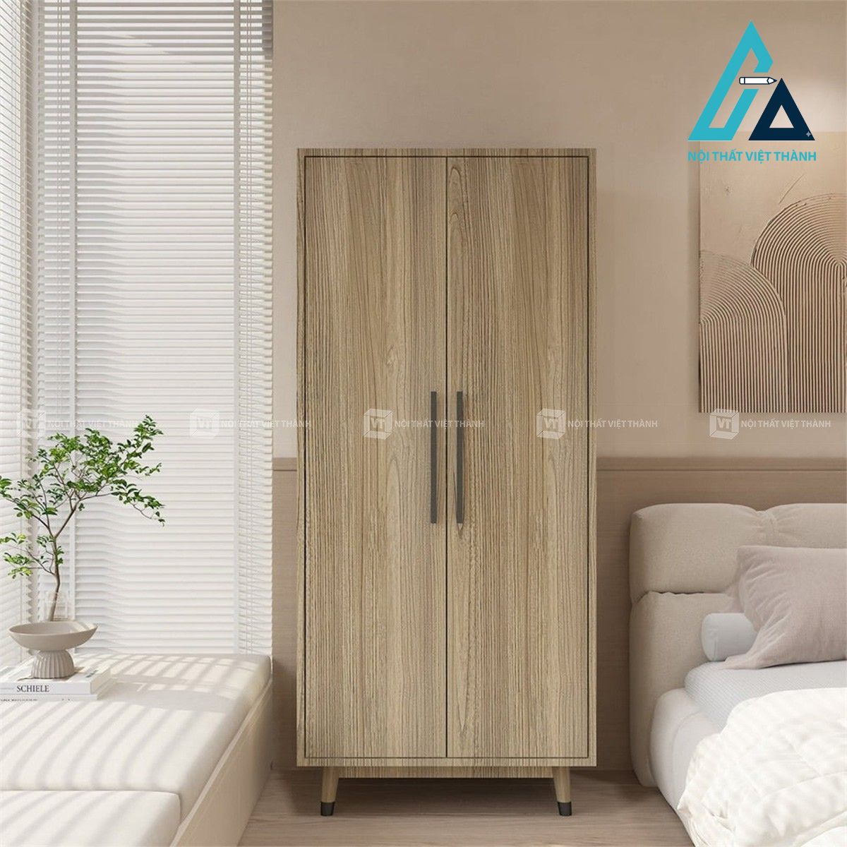 Tủ quần áo MDF 2 cánh vân gỗ tự nhiên thiết kế cao gọn hiện đại