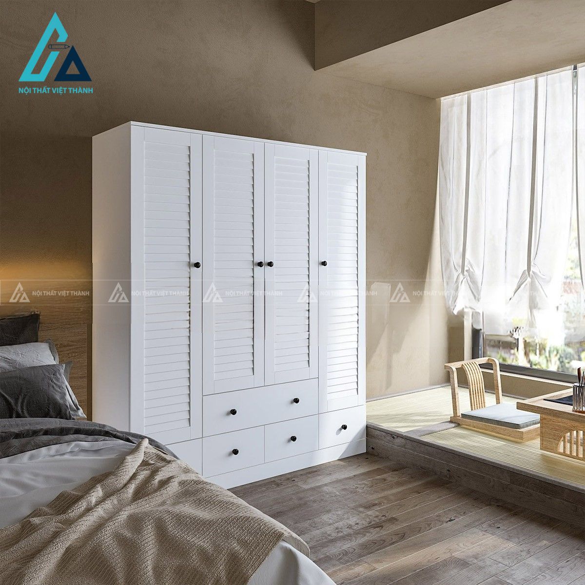 Tủ quần áo MDF 4 cánh lá sách màu trắng hiện đại đa năng 1