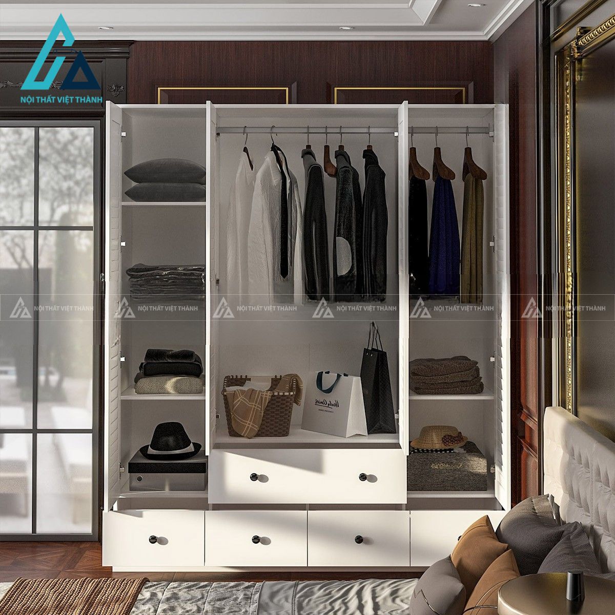 Tủ quần áo MDF 4 cánh lá sách màu trắng hiện đại đa năng 2