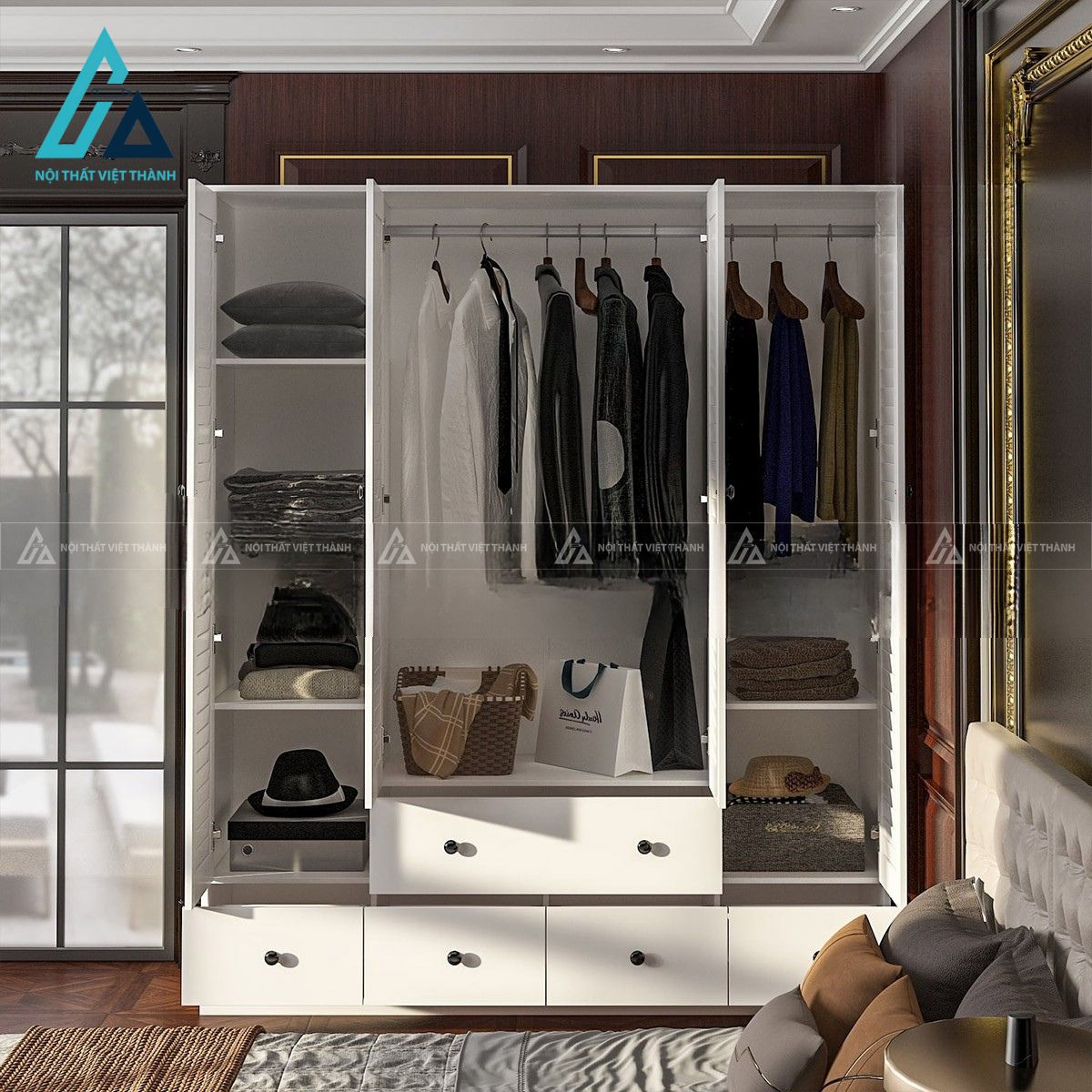 Tủ quần áo MDF 4 cánh lá sách màu trắng hiện đại đa năng 3