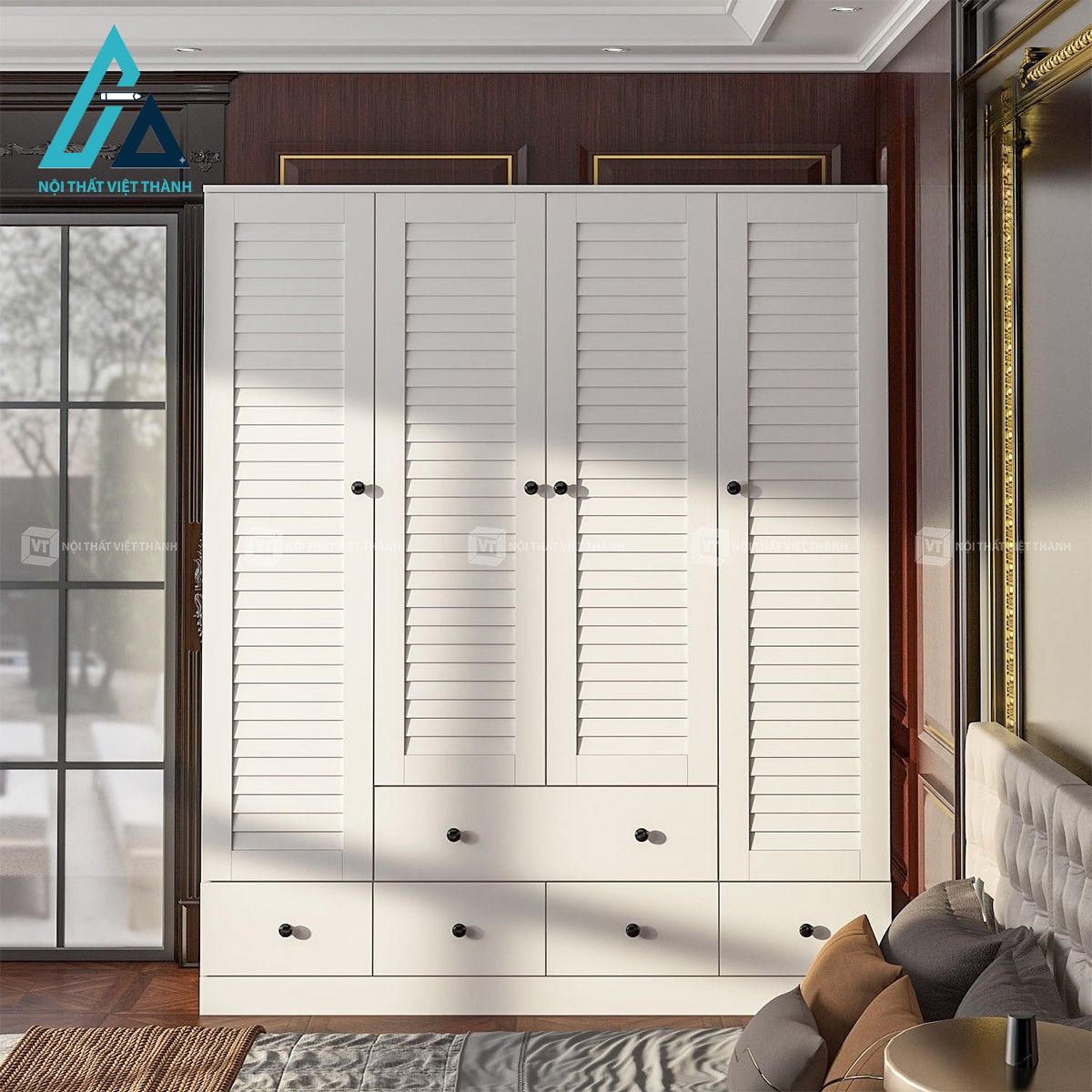 Tủ quần áo MDF 4 cánh lá sách màu trắng hiện đại đa năng