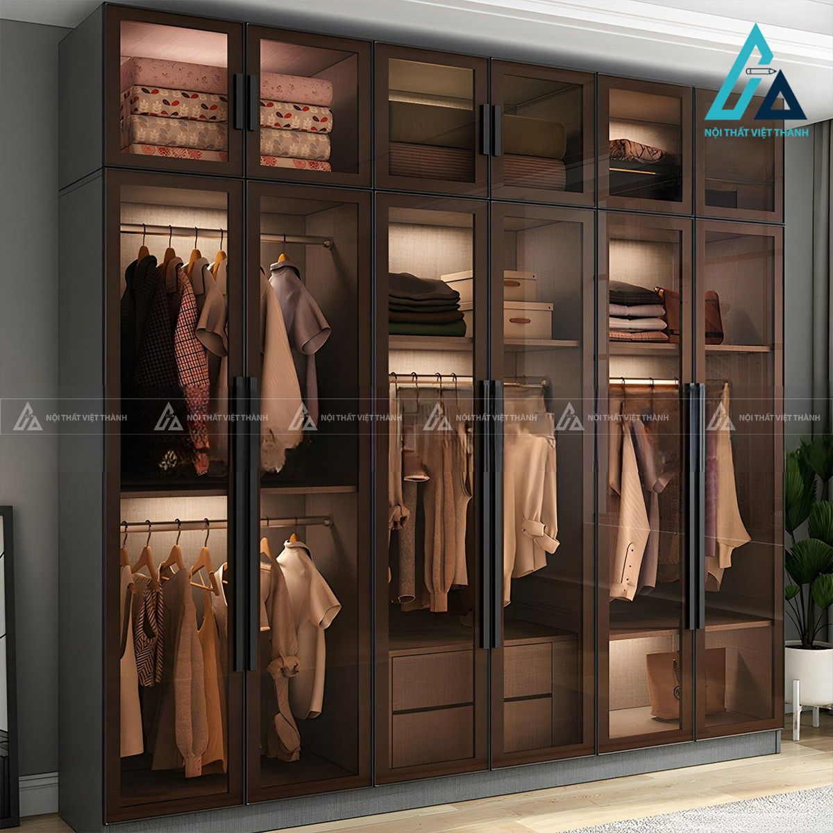 Tủ quần áo MDF cánh kính màu xám hiện đại cho phòng ngủ 1