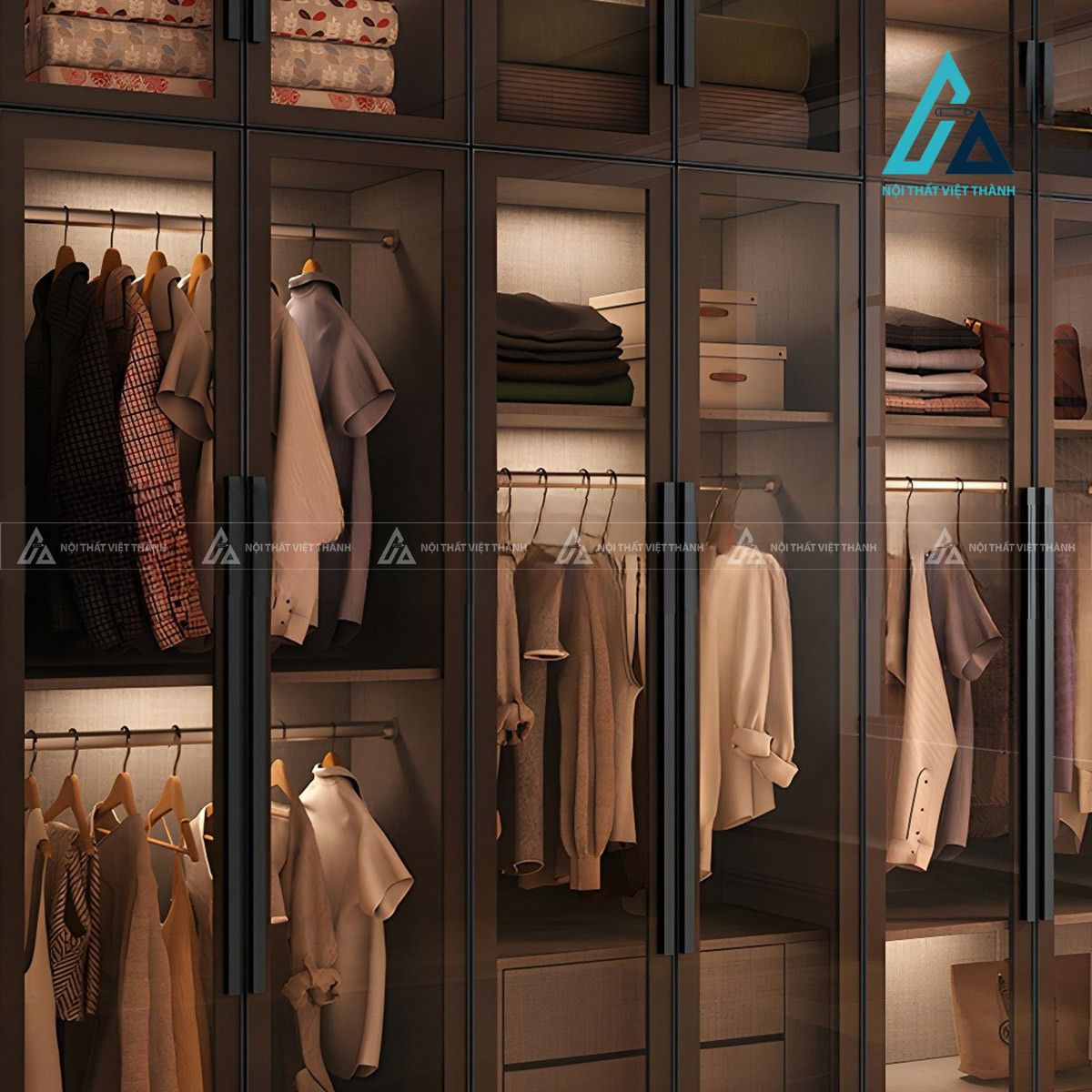 Tủ quần áo MDF cánh kính màu xám hiện đại cho phòng ngủ 3