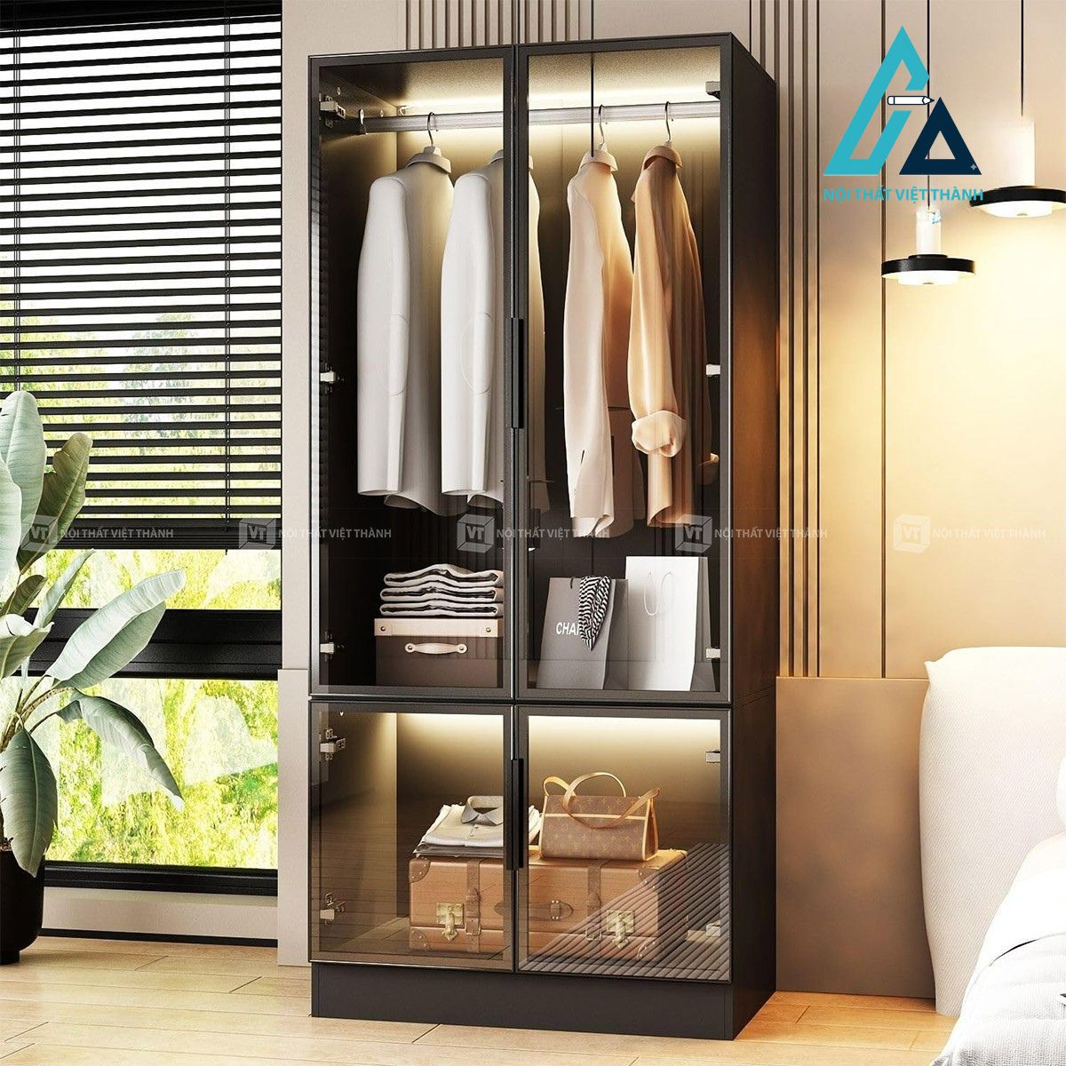 Tủ quần áo MDF cánh kính thiết kế tối giản cho phòng ngủ hiện đại