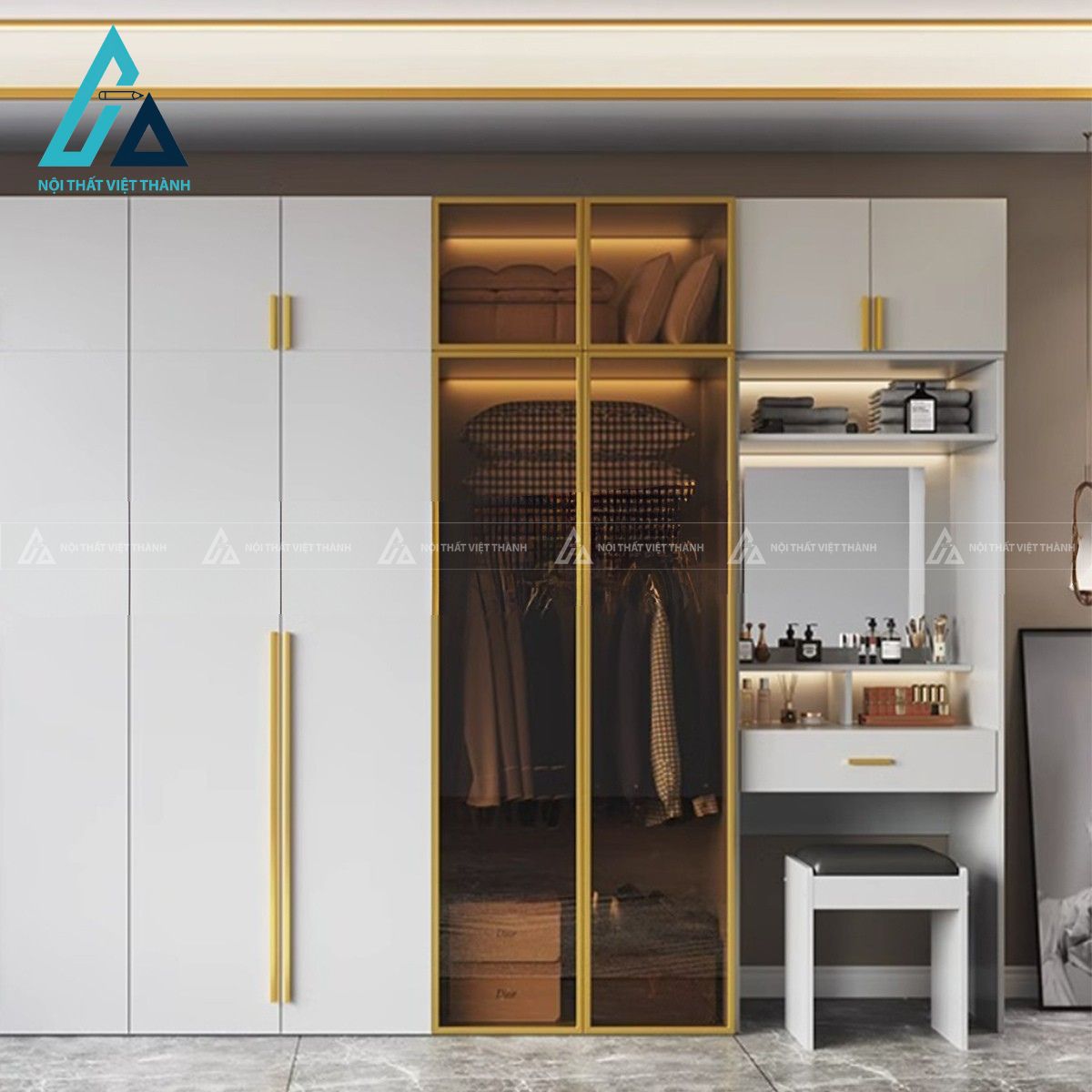 Tủ quần áo MDF liền bàn trang điểm cánh kính sang trọng cho phòng ngủ 1