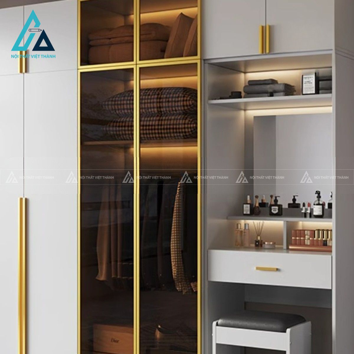 Tủ quần áo MDF liền bàn trang điểm cánh kính sang trọng cho phòng ngủ 3