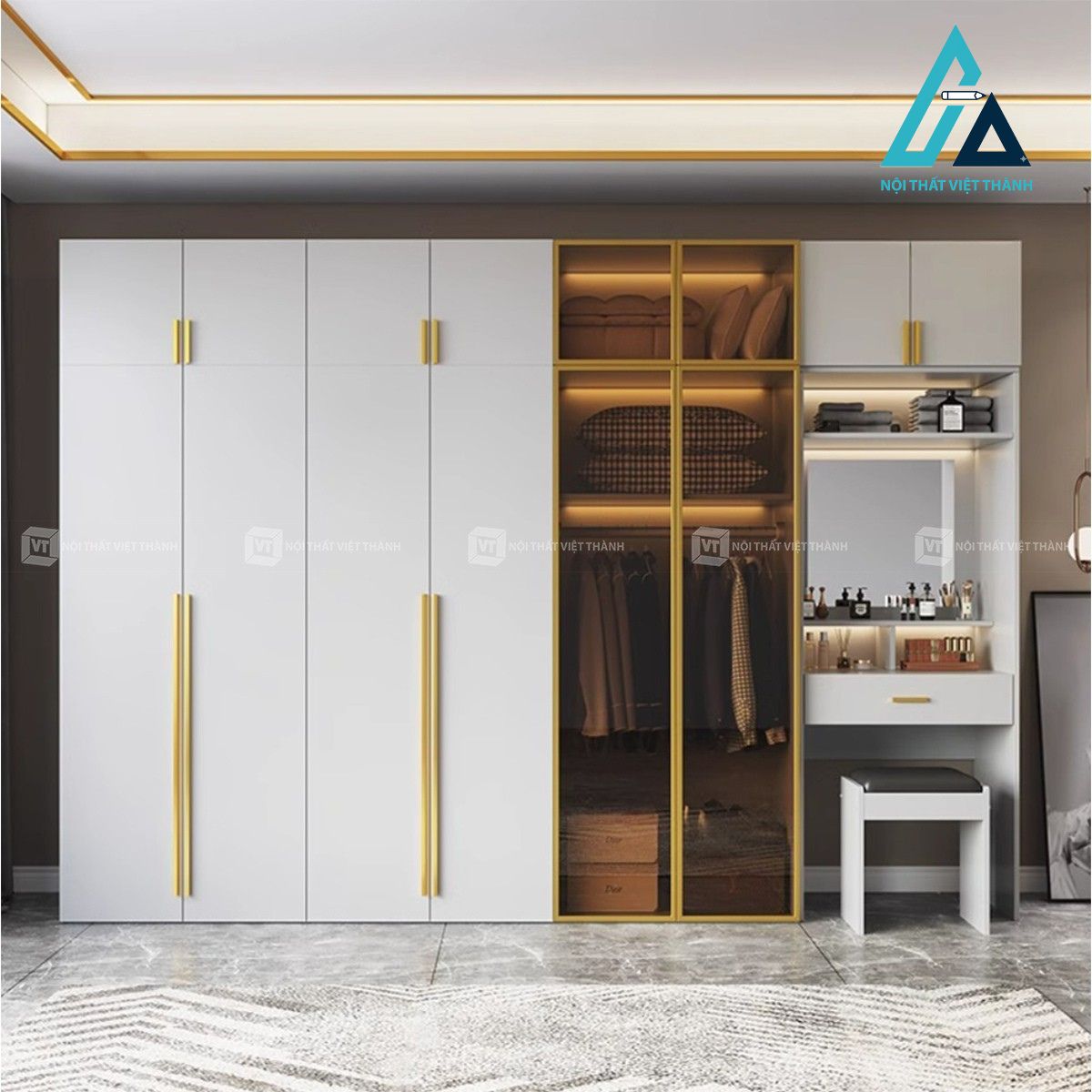 Tủ quần áo MDF liền bàn trang điểm cánh kính sang trọng cho phòng ngủ