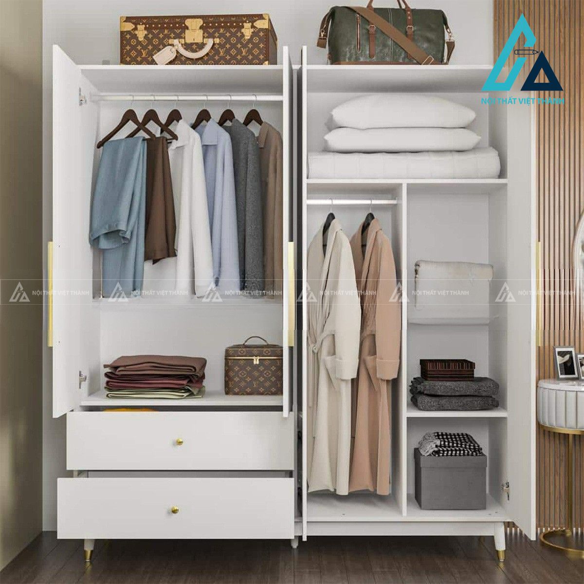 Tủ quần áo MDF màu trắng hiện đại tích hợp gương soi tiện lợi 1