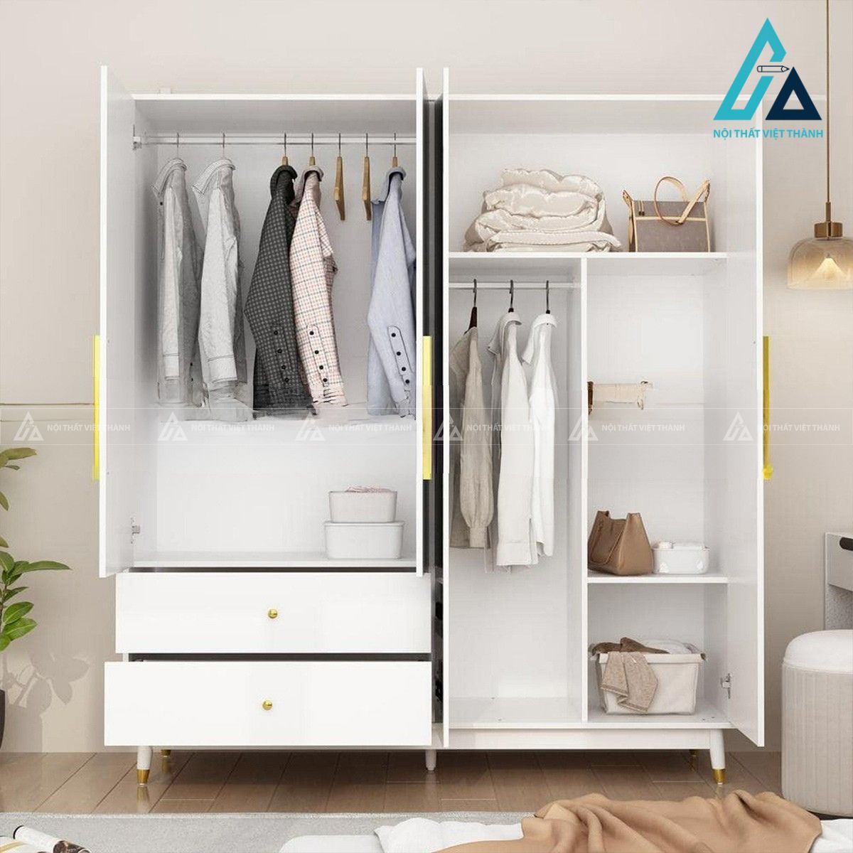 Tủ quần áo MDF màu trắng hiện đại tích hợp gương soi tiện lợi 3