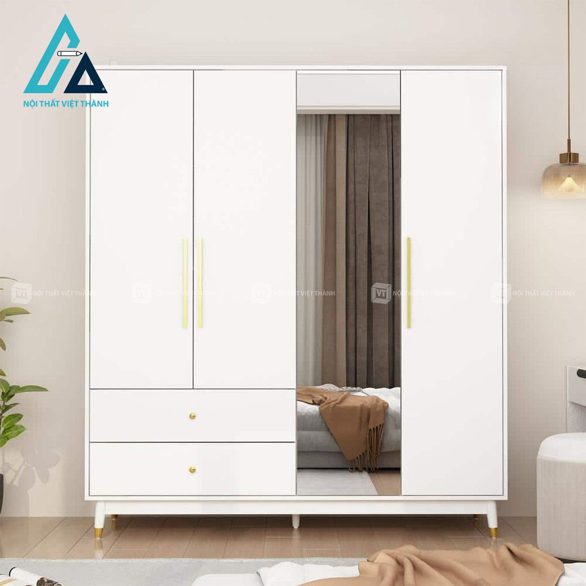 Tủ quần áo MDF màu trắng hiện đại tích hợp gương soi tiện lợi