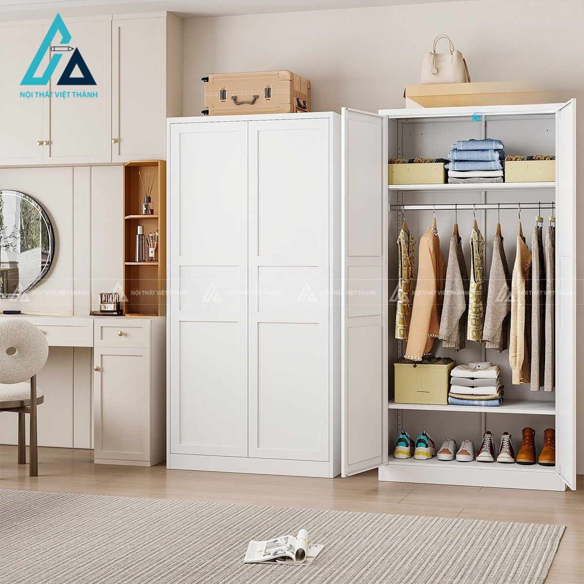 Tủ quần áo MDF sơn PU màu trắng hiện đại thiết kế cao gọn 1